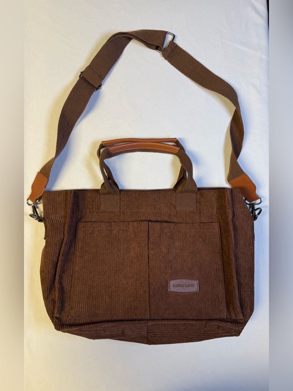 Brown Corduroy Tote Bag with Adjustable Strap